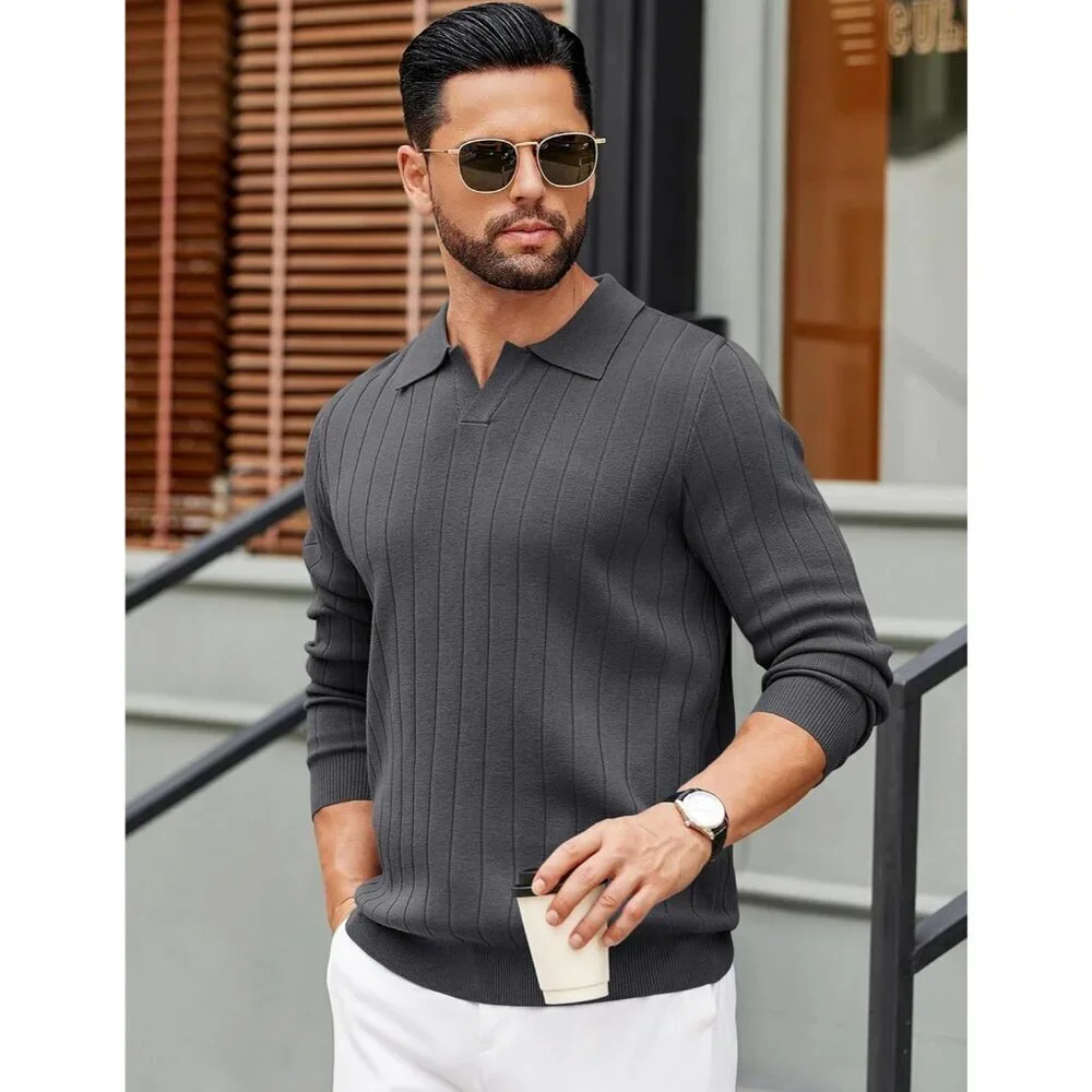 Coofandy Men Grey Polo Long Sleeve V Neck Knit Lightweight Pullover Sweater